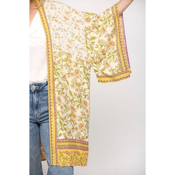 SOLD OUT Yellow Golden Bohemian Floral 3/4 Sleeve Open Kimono Casual Wrap - Picture 5 of 5